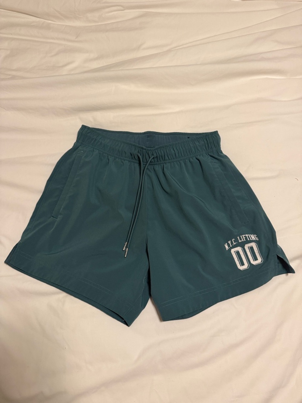 Abercrombie & Fitch Teal Athletic Shorts with N.Y.C. Lifting Graphic